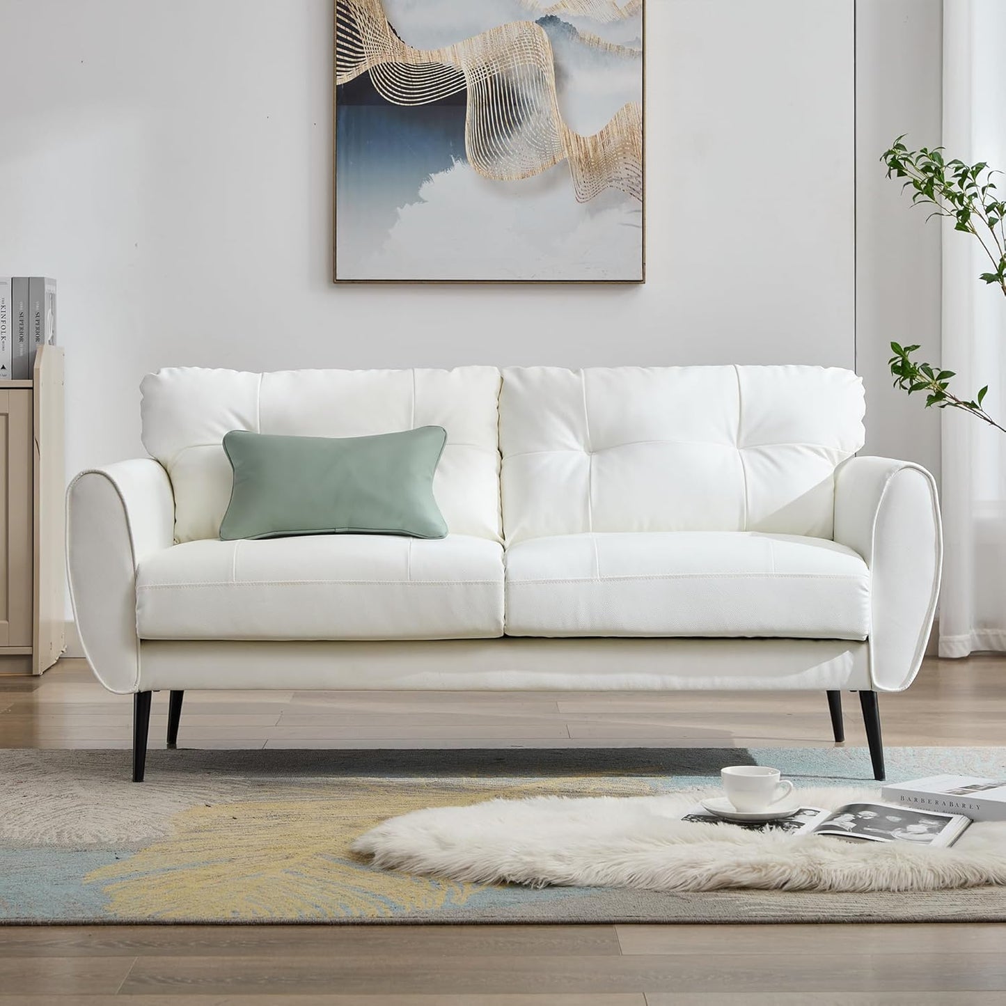 Coewske 60''W 2-Seat White Leather Sofa Couch Modern Loveseat for Living Room Office