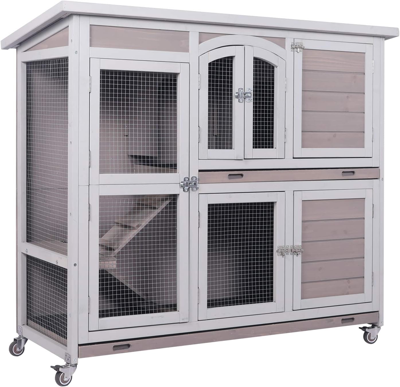 Coewske Wooden Rabbit Cage 2-Story Bunny Guinea Pig Pet Hutch w/ Wheels & Weatherproof Roof