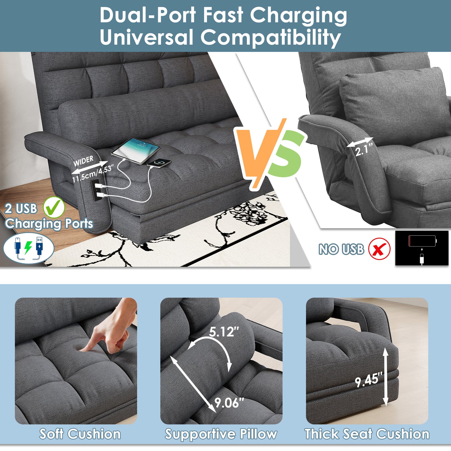 STHOUYN 6-Position Floor Lounge Sofa Bedroom Fold Out Couch, Floor Seating Bean Bag Bed RV No Bones Couch for Adults, Memory Foam Lazy Sofa, Boneless Bed Furniture (Grey Fabric)
