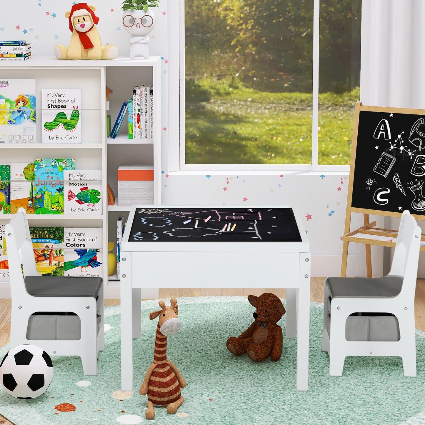 Coewske Kids Table & Chair Set 4 in 1 Wooden Activity Table w/ Storage Drawers Detachable Blackboard