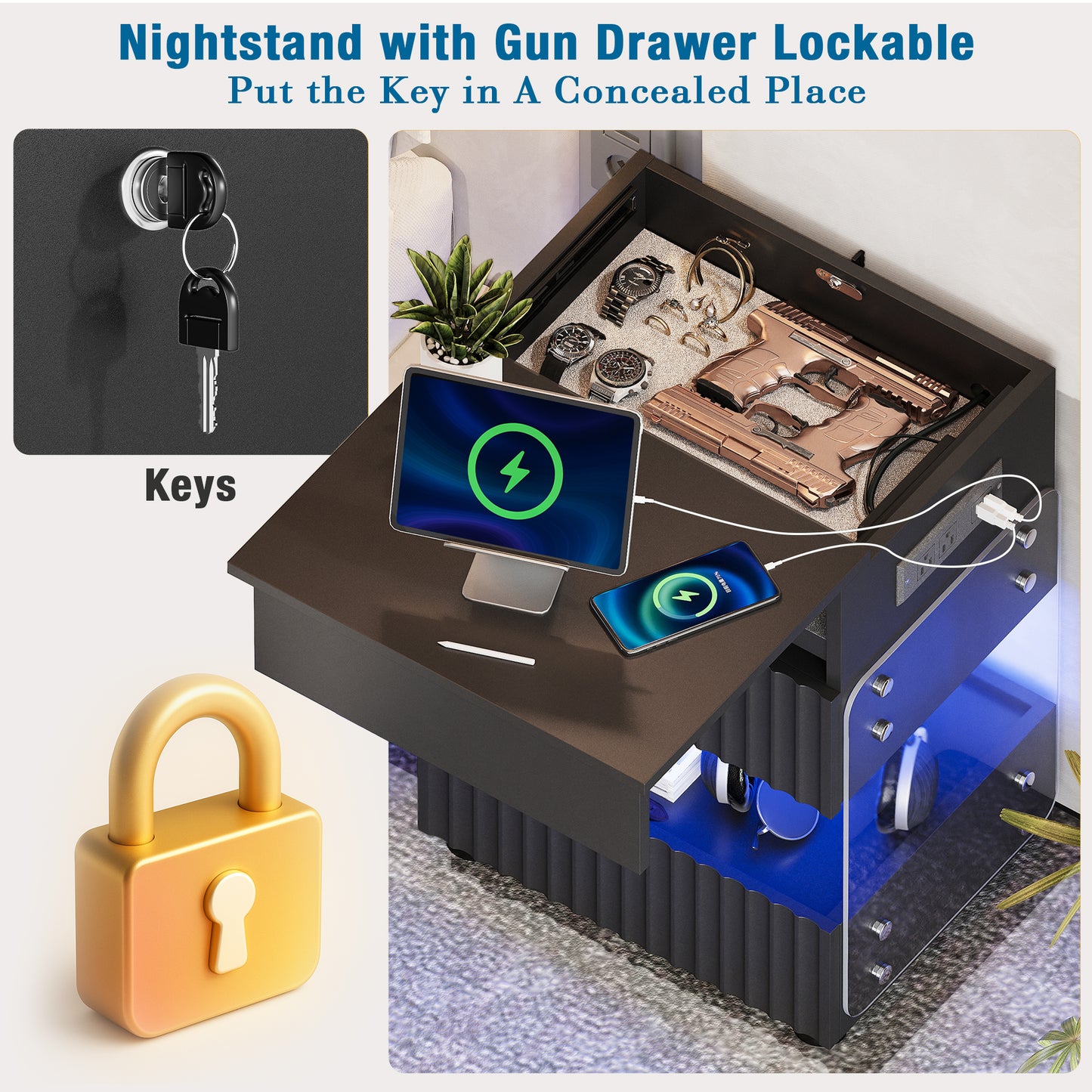 STHOUYN Bedroom LED Nightstand with Gun Drawers, Black Modern Night Stand with USB & Type-C Charging Station, Smart Nightstand Noght Stand, Bedside Table Gun Safe Side End Tables Office (1, Black)
