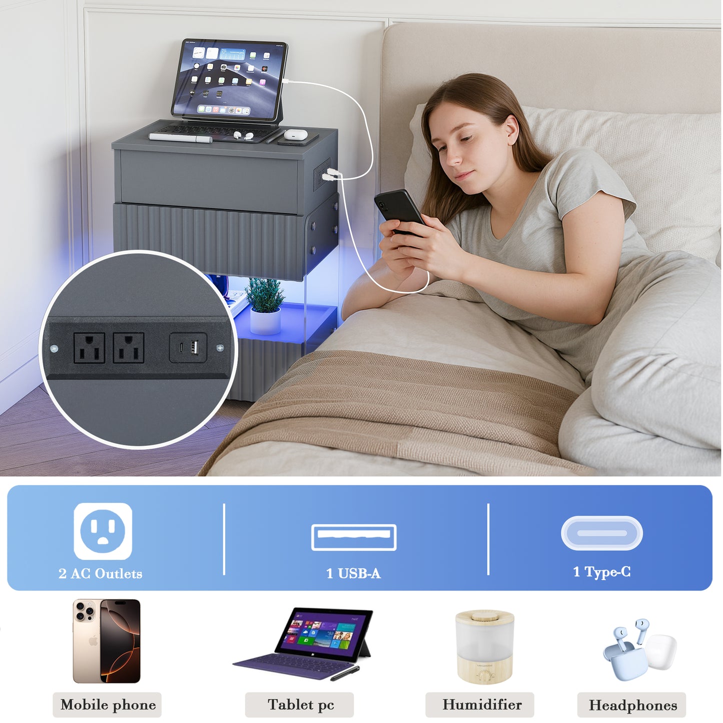 STHOUYN Bedroom LED Nightstand with Gun Drawers, Grey Modern Night Stand with USB & Type-C Charging Station, Smart Nightstand Noght Stand, Bedside Table Gun Safe Side End Tables Office (1, Grey)