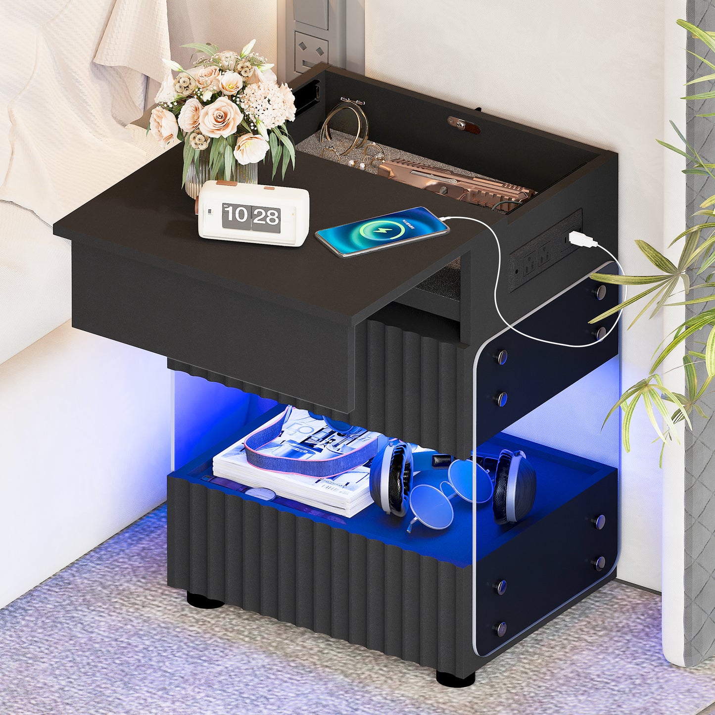 STHOUYN Bedroom LED Nightstand with Gun Drawers, Black Modern Night Stand with USB & Type-C Charging Station, Smart Nightstand Noght Stand, Bedside Table Gun Safe Side End Tables Office (1, Black)