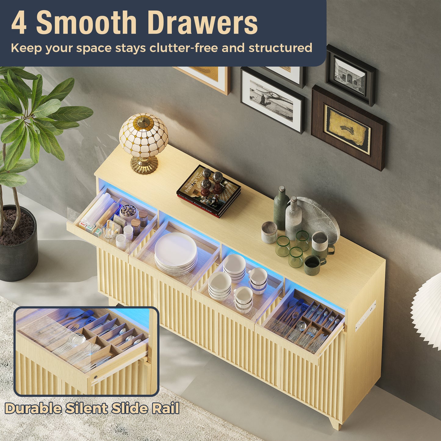 STHOUYN Sideboard Buffet Cabinet with Charging Station LED Lights, Side Board Credenza Storage Cabinet, Modren Kitchen Buffet Table with Drawers, Wood Dining Room Sideboards (Natural Oak)