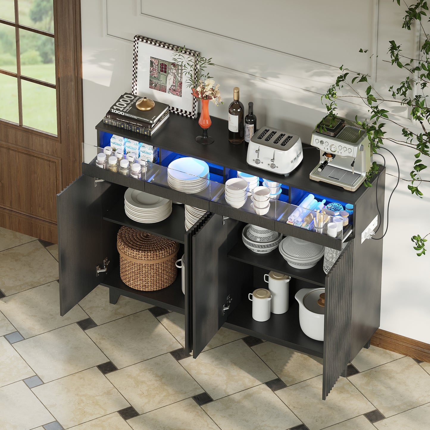 STHOUYN 55" Sideboard Buffet Cabinet with Charging Station LED Lights, Side Board Credenza Storage Cabinet, Modren Kitchen Buffet Table with Drawers, Wood Dining Room Sideboards (Black)