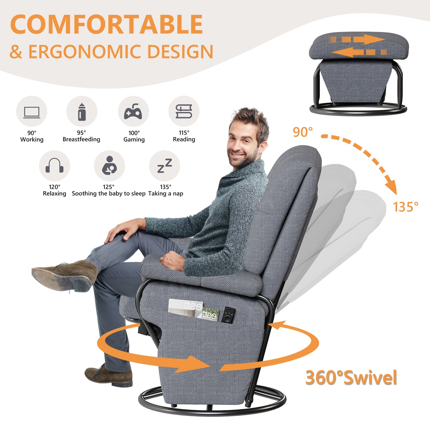 JIASTING 360° Swivel Recliner Chair with Ottoman & Double Side Pockets, Nursing Glider Rocking Recliner Chair, Gliding Chairs for Nursery, Living Room, Office, Bedroom, Metal Frame (Grey)
