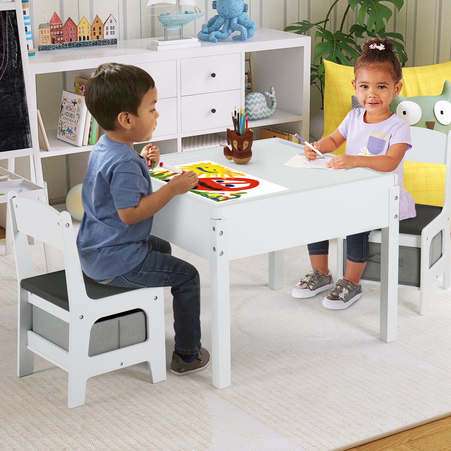 Coewske Kids Table & Chair Set 4 in 1 Wooden Activity Table w/ Storage Drawers Detachable Blackboard