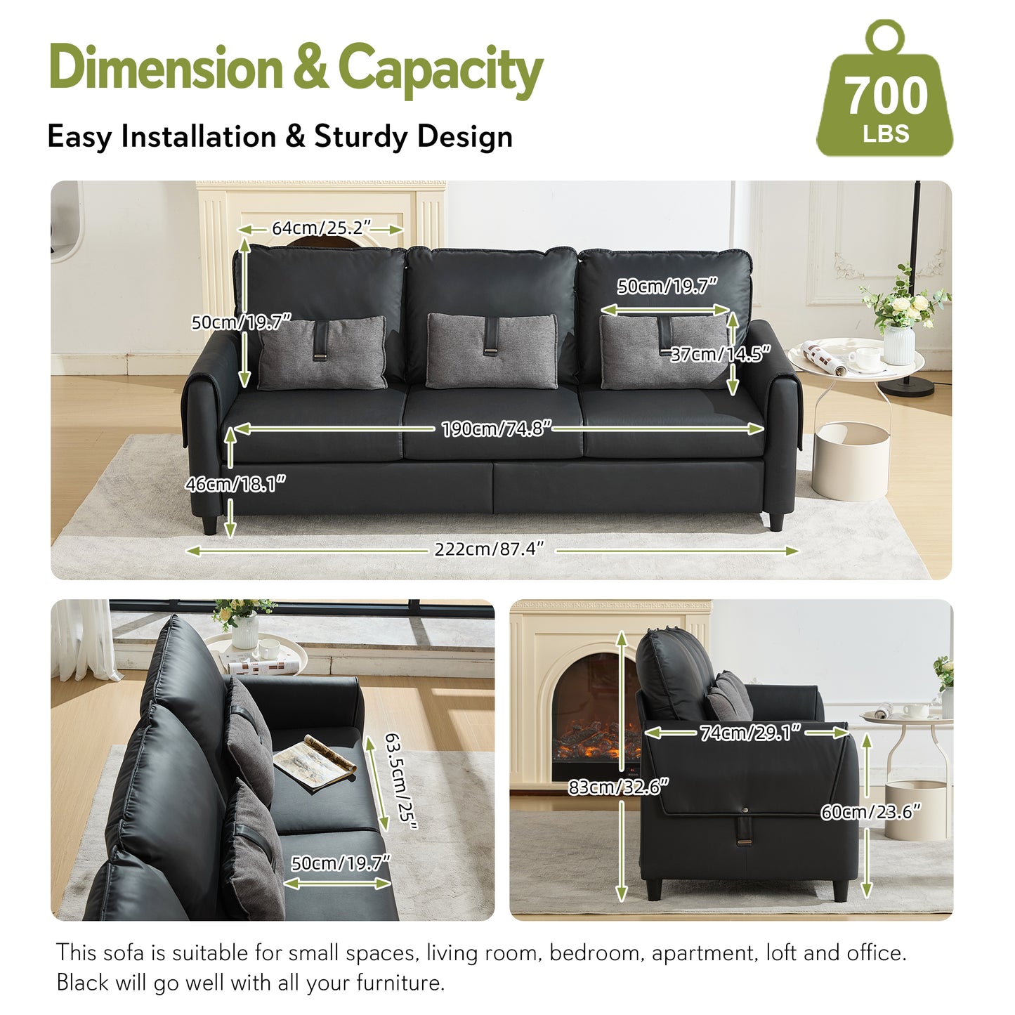 STHOUYN 88” Faux Leather Couch for Living Room, Black Office Couch Small Space, Comfy 3 Seater Couches Leather Sofa with High Backrest (Black)