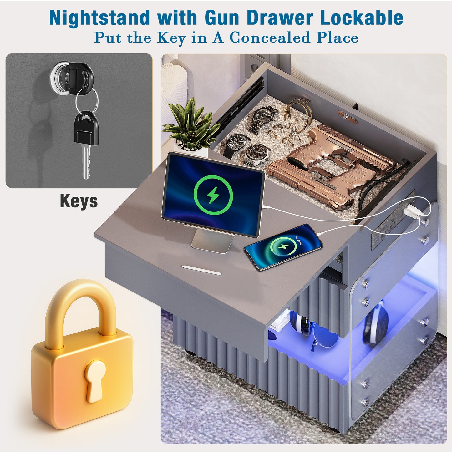 STHOUYN Bedroom LED Nightstand with Gun Drawers, Grey Modern Night Stand with USB & Type-C Charging Station, Smart Nightstand Noght Stand, Bedside Table Gun Safe Side End Tables Office (1, Grey)