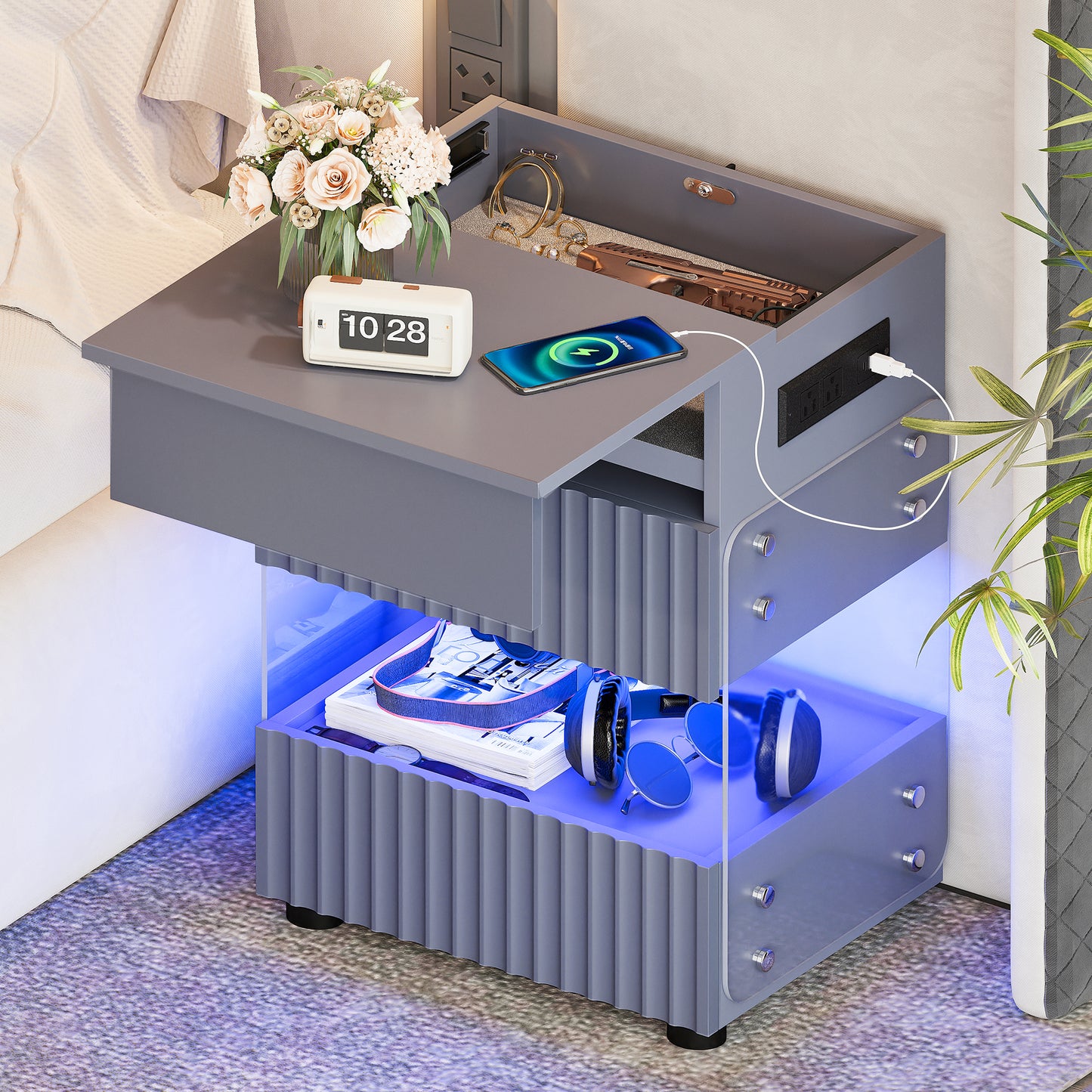STHOUYN Bedroom LED Nightstand with Gun Drawers, Grey Modern Night Stand with USB & Type-C Charging Station, Smart Nightstand Noght Stand, Bedside Table Gun Safe Side End Tables Office (1, Grey)