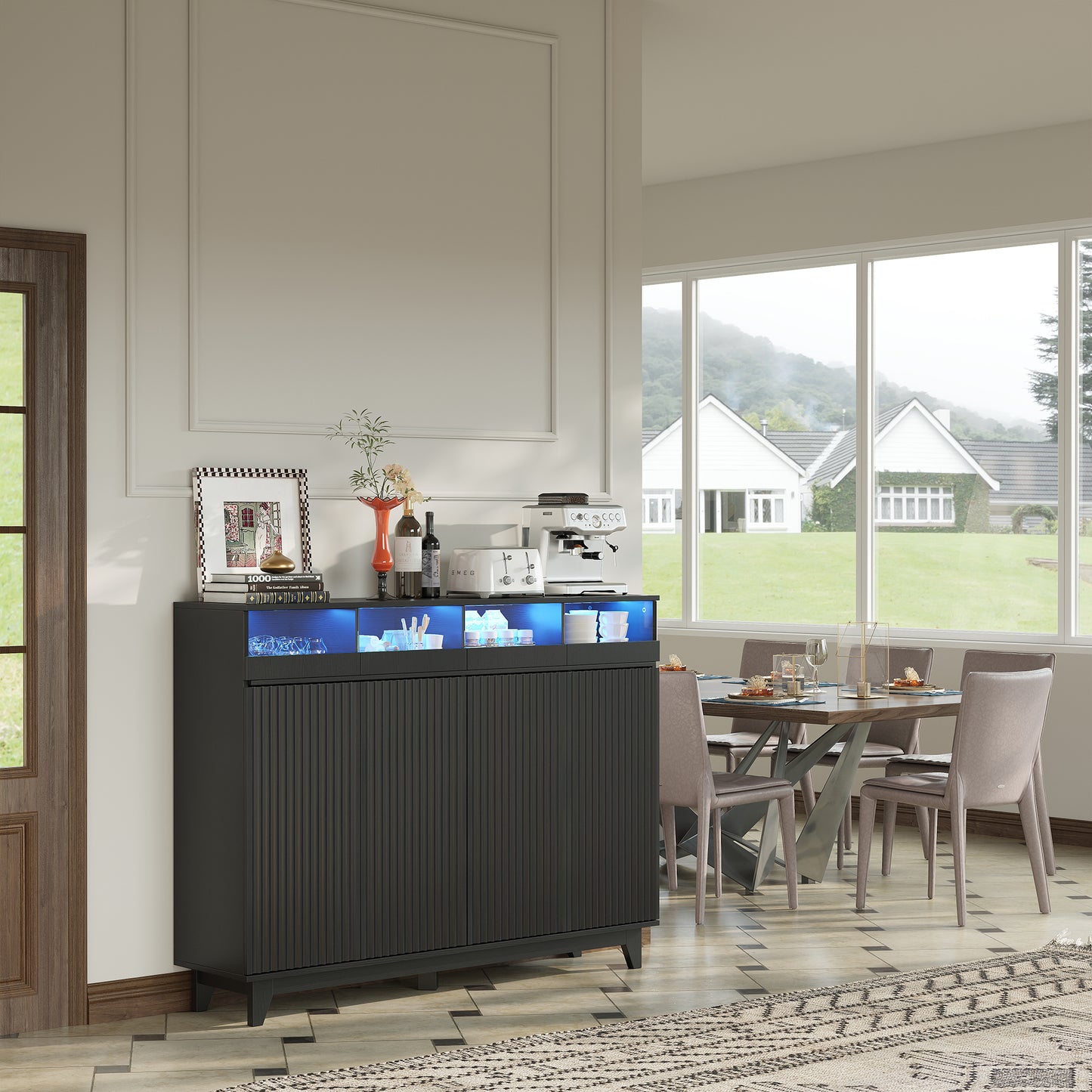 STHOUYN 55" Sideboard Buffet Cabinet with Charging Station LED Lights, Side Board Credenza Storage Cabinet, Modren Kitchen Buffet Table with Drawers, Wood Dining Room Sideboards (Black)