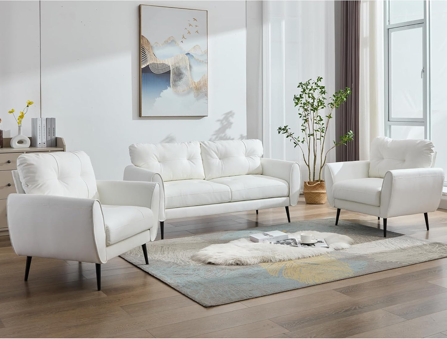 Coewske 3PCS Leather Sofa Set Loveseat Couch & 2 Chairs for Living Room Small Space White