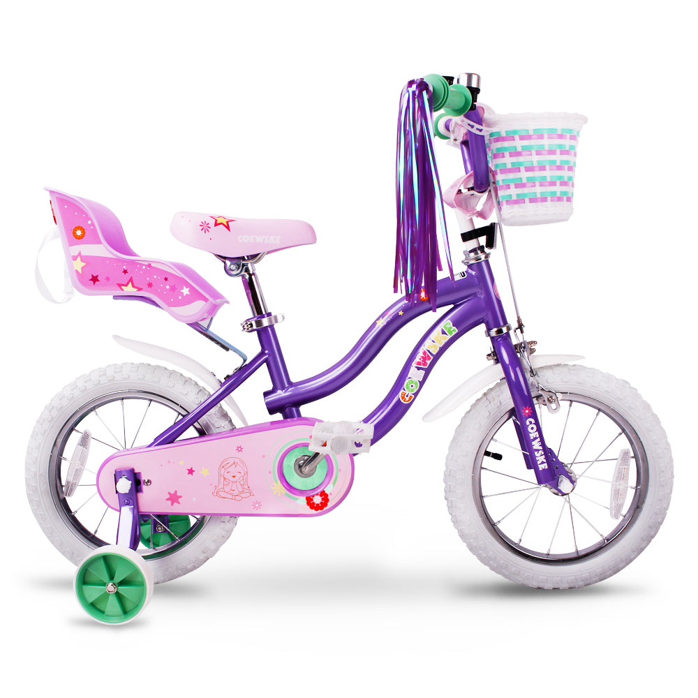 COEWSKE Kid's Bike Steel Frame Children Bicycle Little Princess Style 14 Inch with Training Wheel, Purple