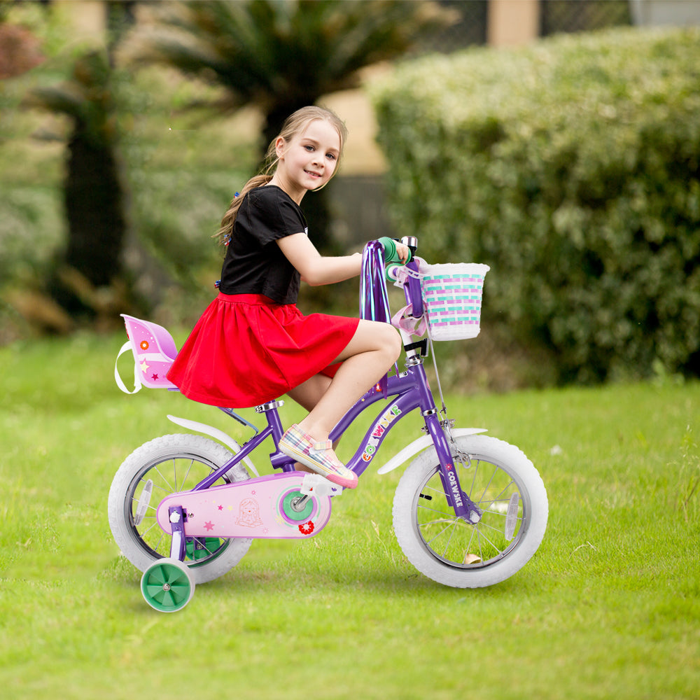COEWSKE Kid's Bike Steel Frame Children Bicycle Little Princess Style 16 Inch with Training Wheel, Purple