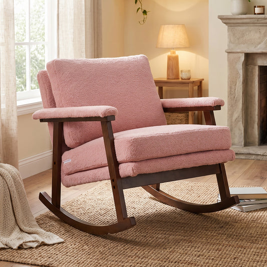Modern Upholstered Rocking Chair with Solid Wood Frame | Comfy Cotton Teddy Velvet Accent Chair for Living Room Bedroom, Ergonomic Glider Rocker for Small Spaces, Blush Pink
