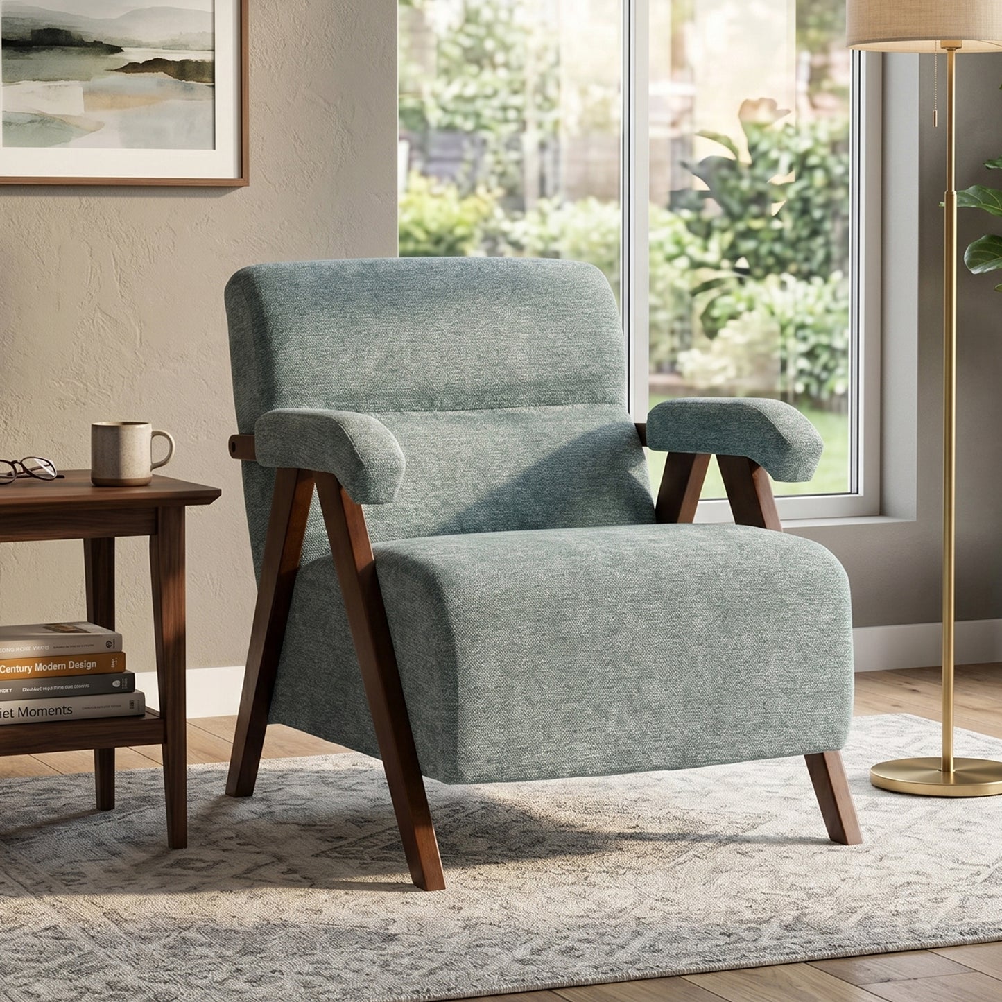 Mid Century Modern Accent Chair with Wood Armrests & Thick Cushion | Ergonomic Backrest, Upholstered Lounge Chair, Living Room & Bedroom, Office & Waiting Room, Comfy Reading Chair