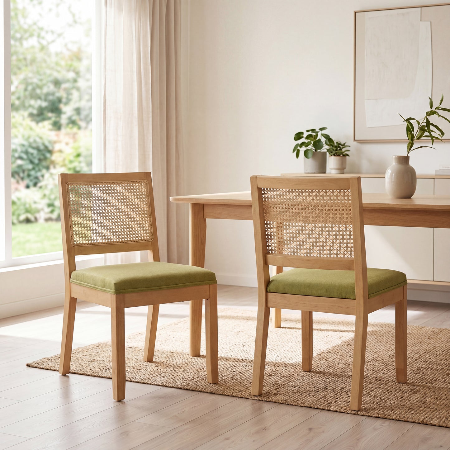 STHOUYN Green Rattan Dining Chairs Set of 2 with Solid Wood, Upholstered Seat Kitchen Chairs for Dining Room, Mid Century Modern Farmhouse Style, Comfortable Padded with Natural Finish