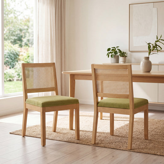 STHOUYN Green Rattan Dining Chairs Set of 2 with Solid Wood, Upholstered Seat Kitchen Chairs for Dining Room, Mid Century Modern Farmhouse Style, Comfortable Padded with Natural Finish