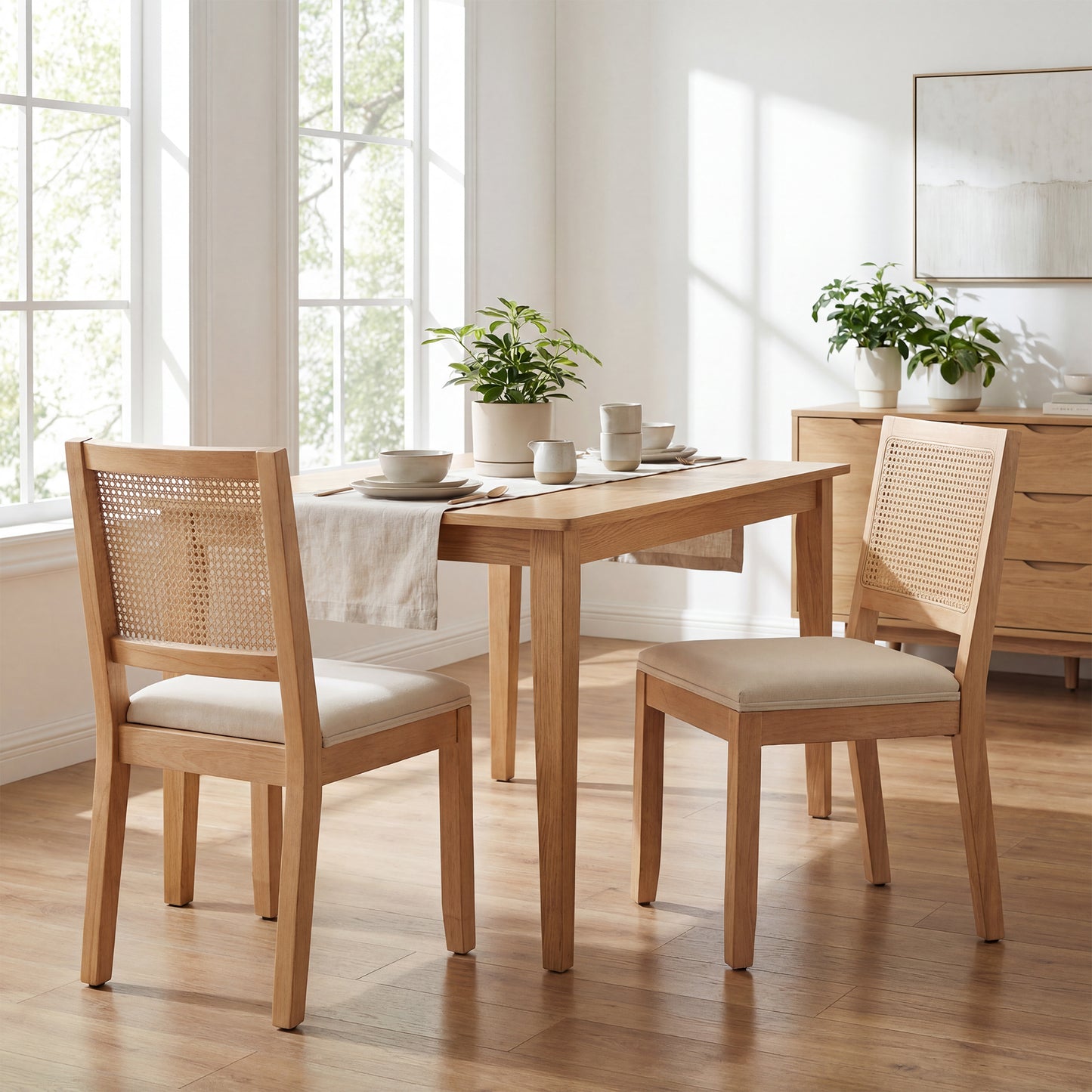 STHOUYN Rattan Dining Chairs with Solid Wood, Upholstered Seat Kitchen Chairs for Dining Room, Mid Century Modern Farmhouse Style, Comfortable Padded with Natural Finish