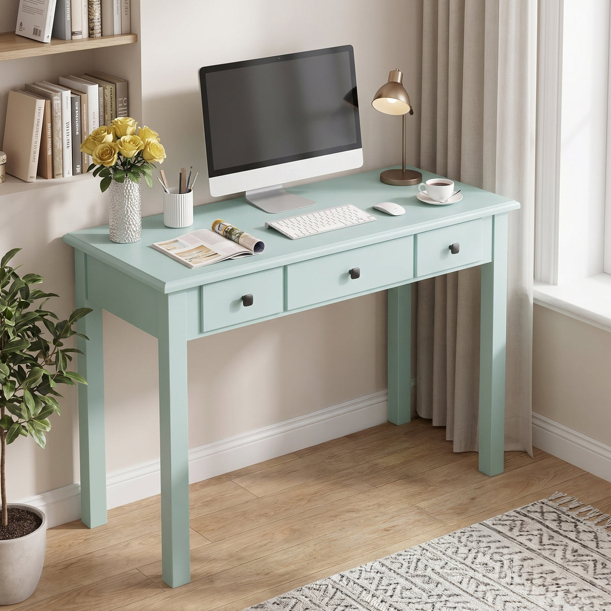 STHOUYN 35" Small Green Writing Desk with Drawers, Wood Vanity Table No Mirror