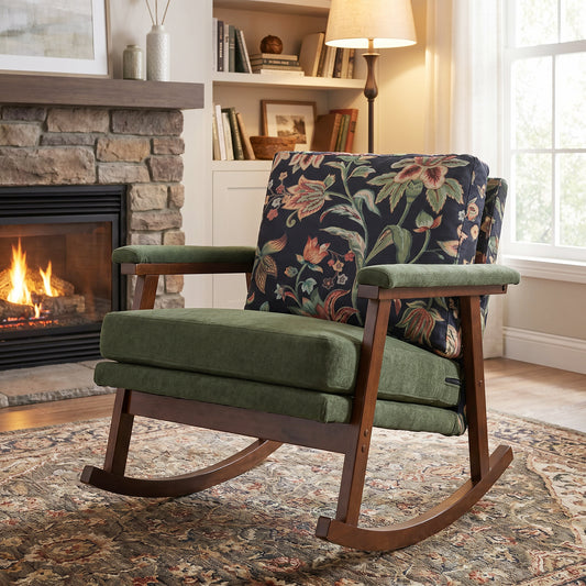 Modern Upholstered Rocking Chair with Solid Wood Frame | Comfy Cotton Linen Floral Accent Chair for Living Room Bedroom, Ergonomic Glider Rocker for Small Spaces, Green