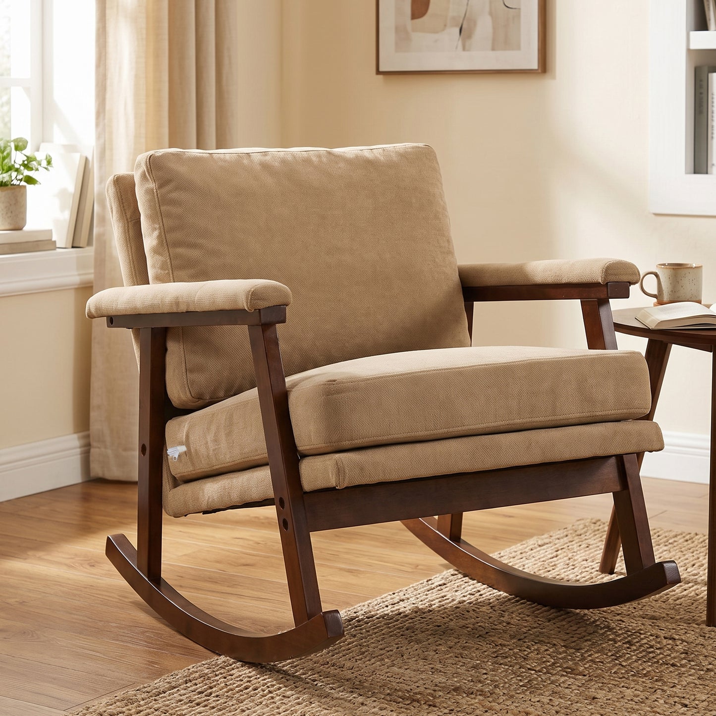 Modern Upholstered Rocking Chair with Solid Wood Frame | Comfy Cotton Linen Accent Chair for Living Room Bedroom, Ergonomic Glider Rocker for Small Spaces, Khaki