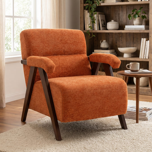 Mid Century Modern Accent Chair with Wood Armrests & Thick Cushion | Ergonomic Backrest, Upholstered Lounge Chair, Living Room & Bedroom, Office & Waiting Room, Comfy Reading Chair