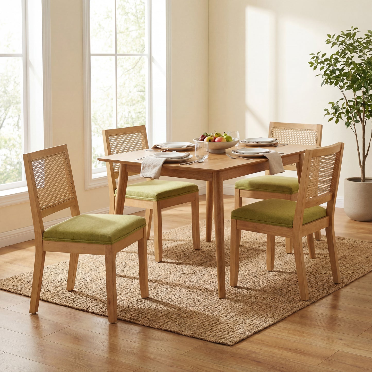 STHOUYN Green Rattan Dining Chairs Set of 4 with Solid Wood, Upholstered Seat Kitchen Chairs for Dining Room, Mid Century Modern Farmhouse Style, Comfortable Padded with Natural Finish