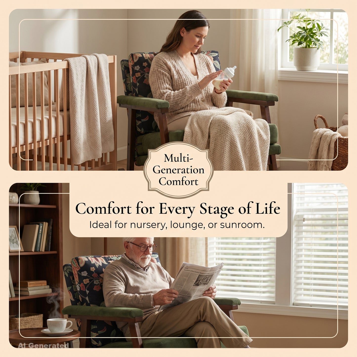 Modern Upholstered Rocking Chair with Solid Wood Frame | Comfy Cotton Linen Floral Accent Chair for Living Room Bedroom, Ergonomic Glider Rocker for Small Spaces, Green