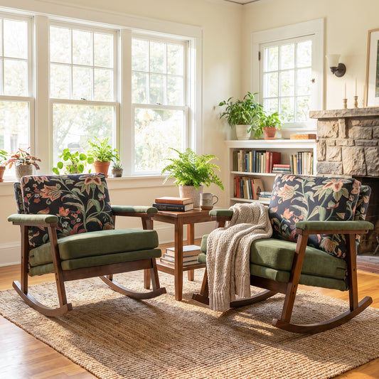 Modern Upholstered Rocking Chair Set of 2 with Solid Wood Frame | Comfy Cotton Linen Floral Accent Chair for Living Room Bedroom, Ergonomic Glider Rocker for Small Spaces, Green