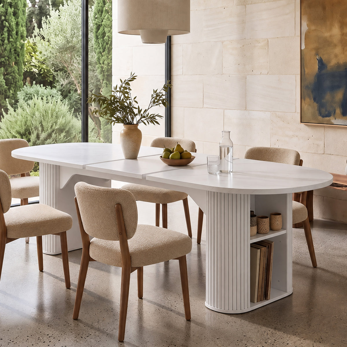 STHOUYN Round Extendable Dining Table, 71"-87" Oval Kitchen Table Storage, White