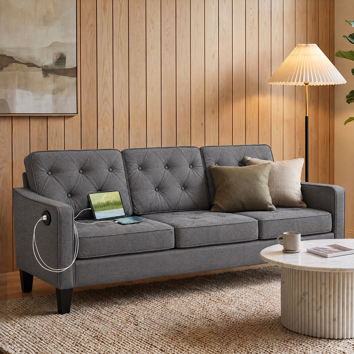 STHOUYN 83" Mid Century Modern 3 Seater Couch, Dark Grey Sofa, Tufted (Dark Grey) | Living Room Set, Small Couches and Chairs for Apartment, Office Waiting Area, Dark Gray Fabric, Tufted Design