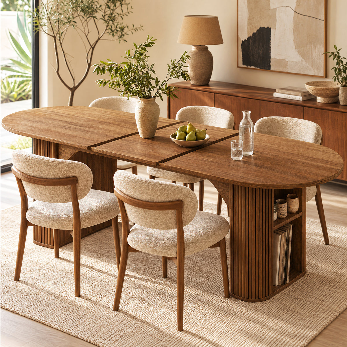 STHOUYN Round Extendable Dining Table, 71"-87" Oval Kitchen Table Storage, Walnut