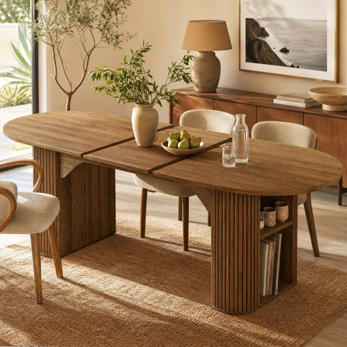 STHOUYN Round Extendable Dining Table, 63"-79" Oval Kitchen Table Storage, Walnut