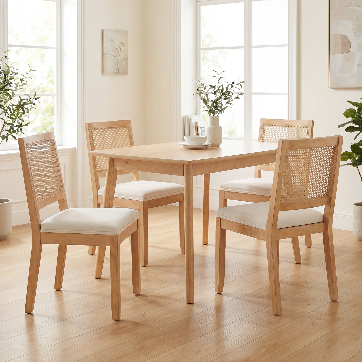 STHOUYN White Rattan Dining Chairs Set of 4 with Solid Wood, Upholstered Seat Kitchen Chairs for Dining Room, Mid Century Modern Farmhouse Style, Comfortable Padded with Natural Finish