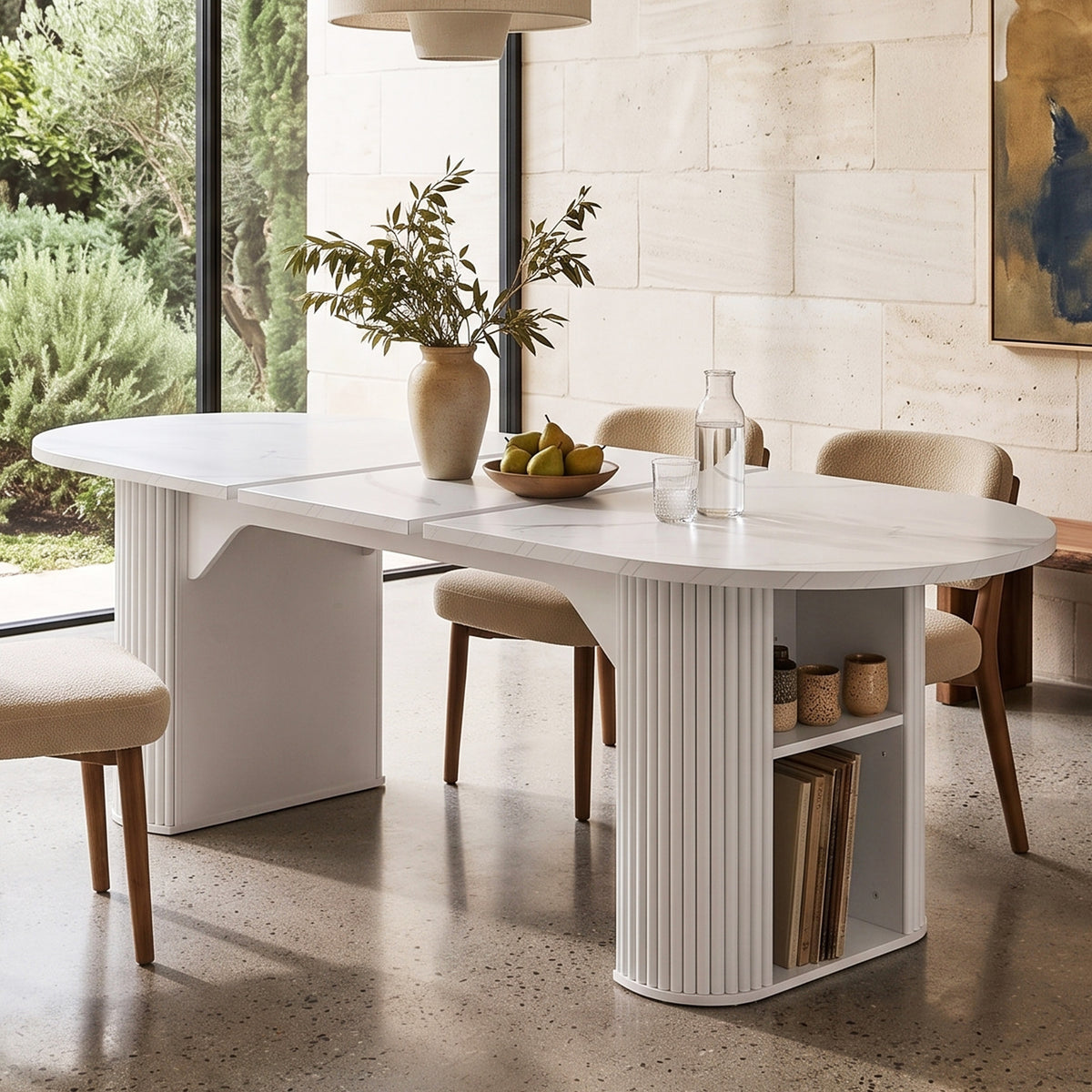 STHOUYN Round Extendable Dining Table, 63"-79" Oval Kitchen Table Storage, White