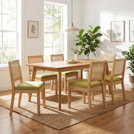 STHOUYN Green Rattan Dining Chairs Set of 6 with Solid Wood, Upholstered Seat Kitchen Chairs for Dining Room, Mid Century Modern Farmhouse Style, Comfortable Padded with Natural Finish