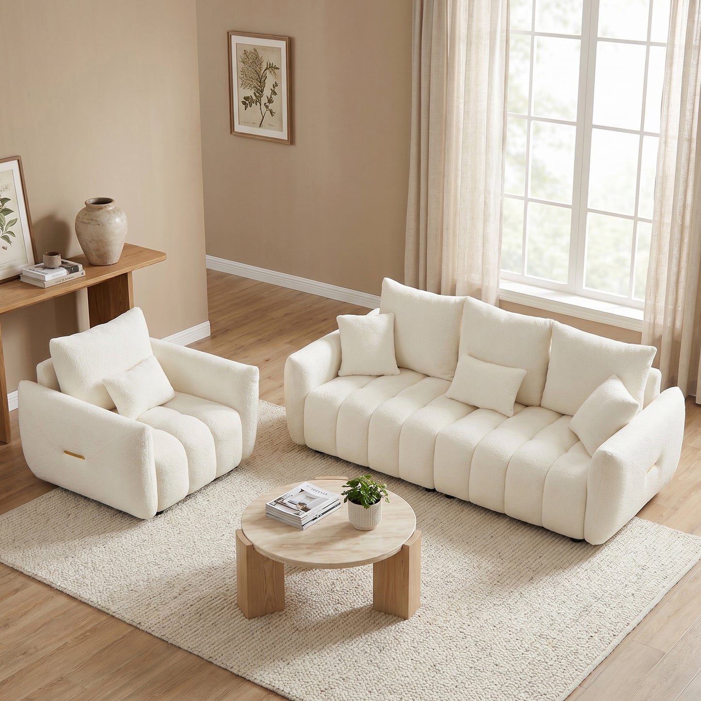 Modern Curved Cloud Couch and Chair Set of 2 Teddy Fabric | Modular Sectional, Gold Accent, Deep Seat, Living Room & Apartment