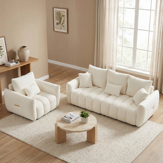 Modern Curved Cloud Couch and Chair Set of 2 Teddy Fabric | Modular Sectional, Gold Accent, Deep Seat, Living Room & Apartment