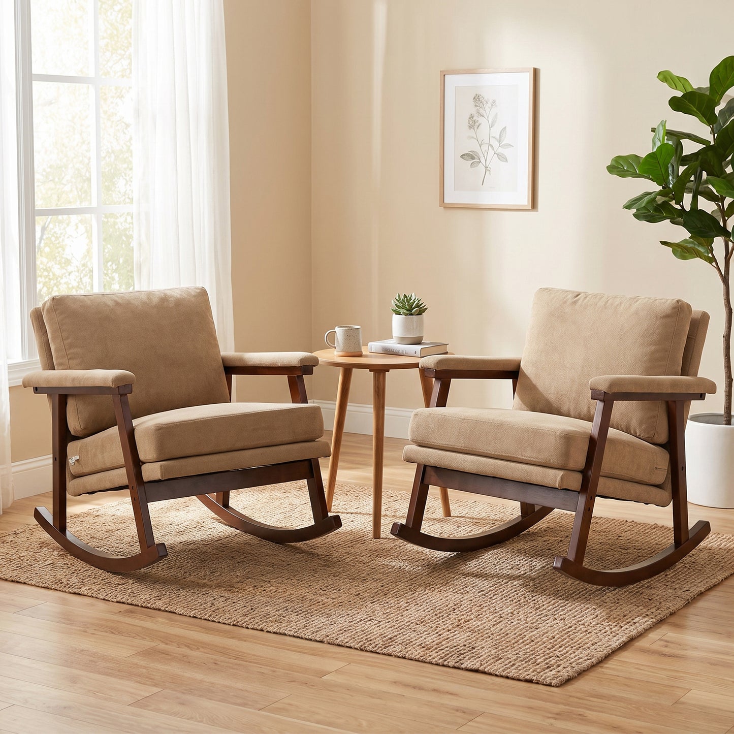 Modern Upholstered Rocking Chair Set of 2 with Solid Wood Frame | Comfy Cotton Linen Accent Chair for Living Room Bedroom, Ergonomic Glider Rocker for Small Spaces, Khaki