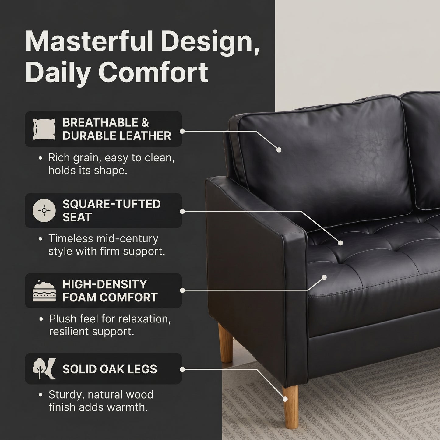 Faux Leather 3 Piece Living Room Set, Accent Chairs Set 2 Loveseat Black