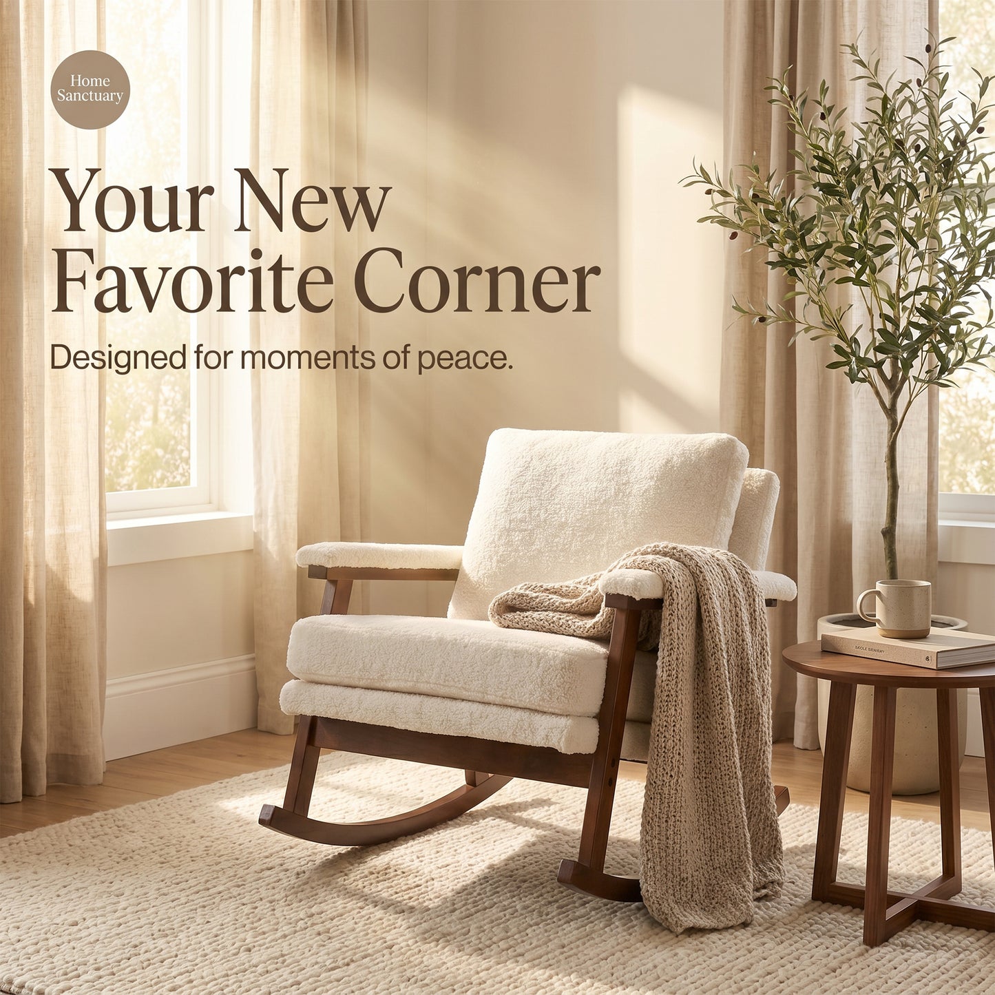Modern Upholstered Rocking Chair Set of 2 with Solid Wood Frame | Comfy Cotton Teddy Accent Chair for Living Room Bedroom, Ergonomic Glider Rocker for Small Spaces, Cream White