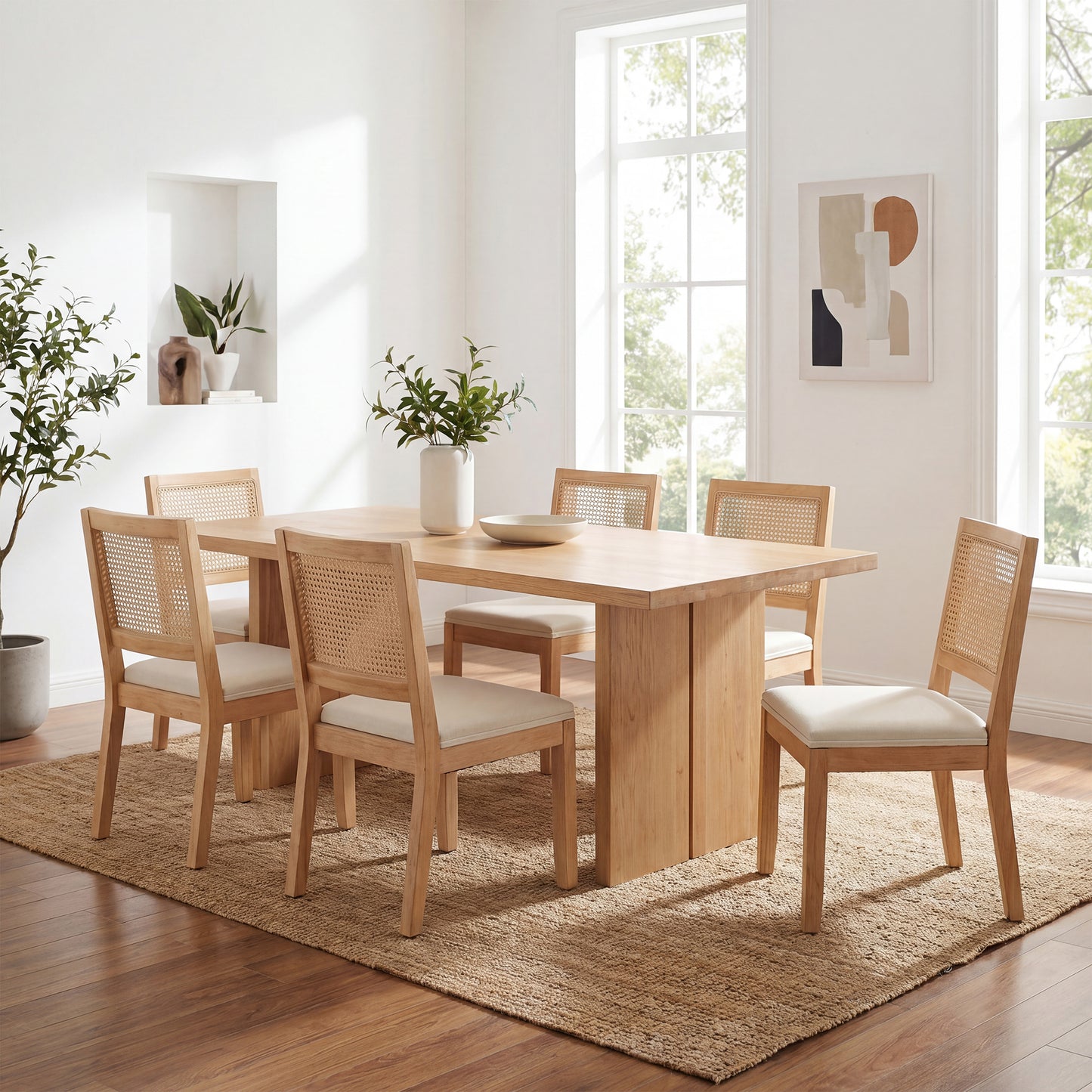 STHOUYN White Rattan Dining Chairs Set of 6 with Solid Wood, Upholstered Seat Kitchen Chairs for Dining Room, Mid Century Modern Farmhouse Style, Comfortable Padded with Natural Finish