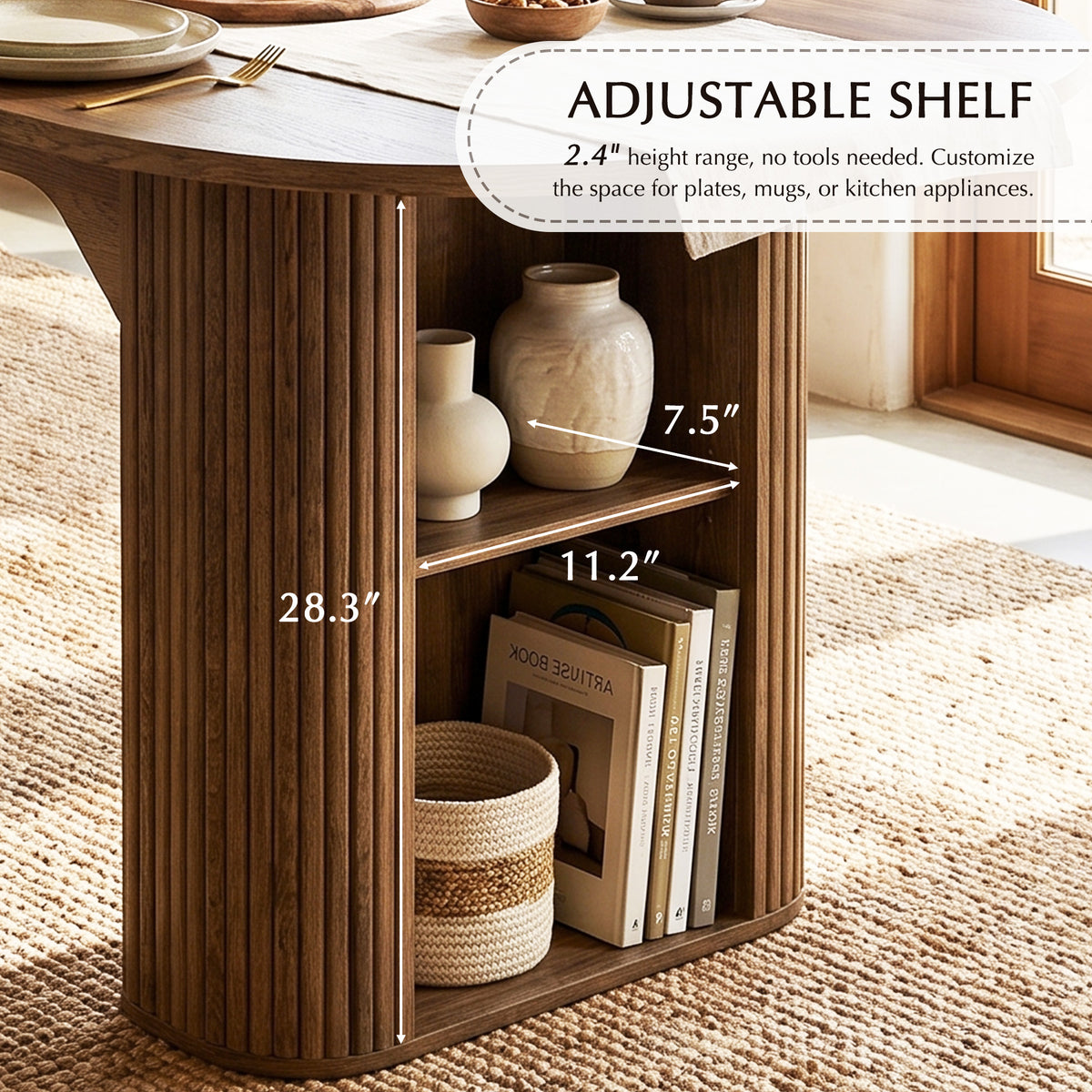 STHOUYN Round Extendable Dining Table, 63"-79" Oval Kitchen Table Storage, Walnut