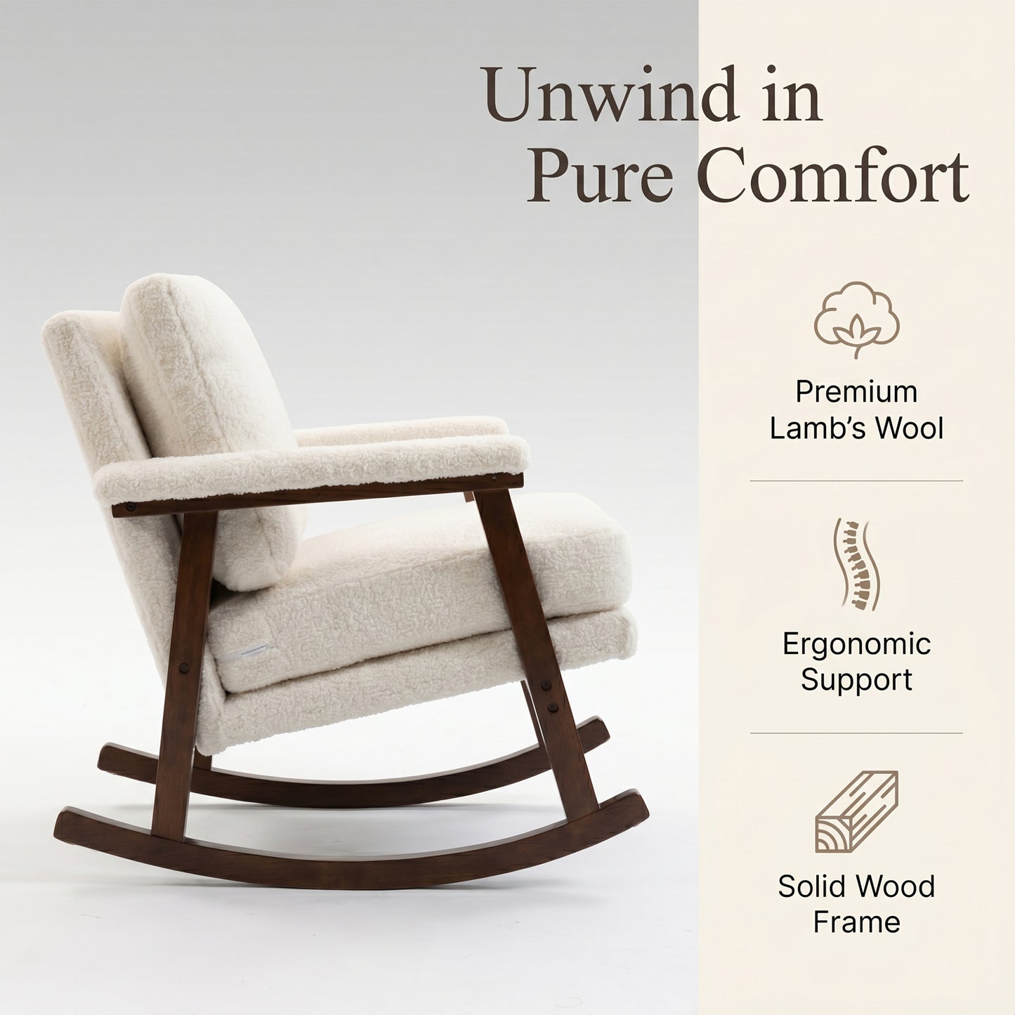 Modern Upholstered Rocking Chair Set of 2 with Solid Wood Frame | Comfy Cotton Teddy Accent Chair for Living Room Bedroom, Ergonomic Glider Rocker for Small Spaces, Cream White