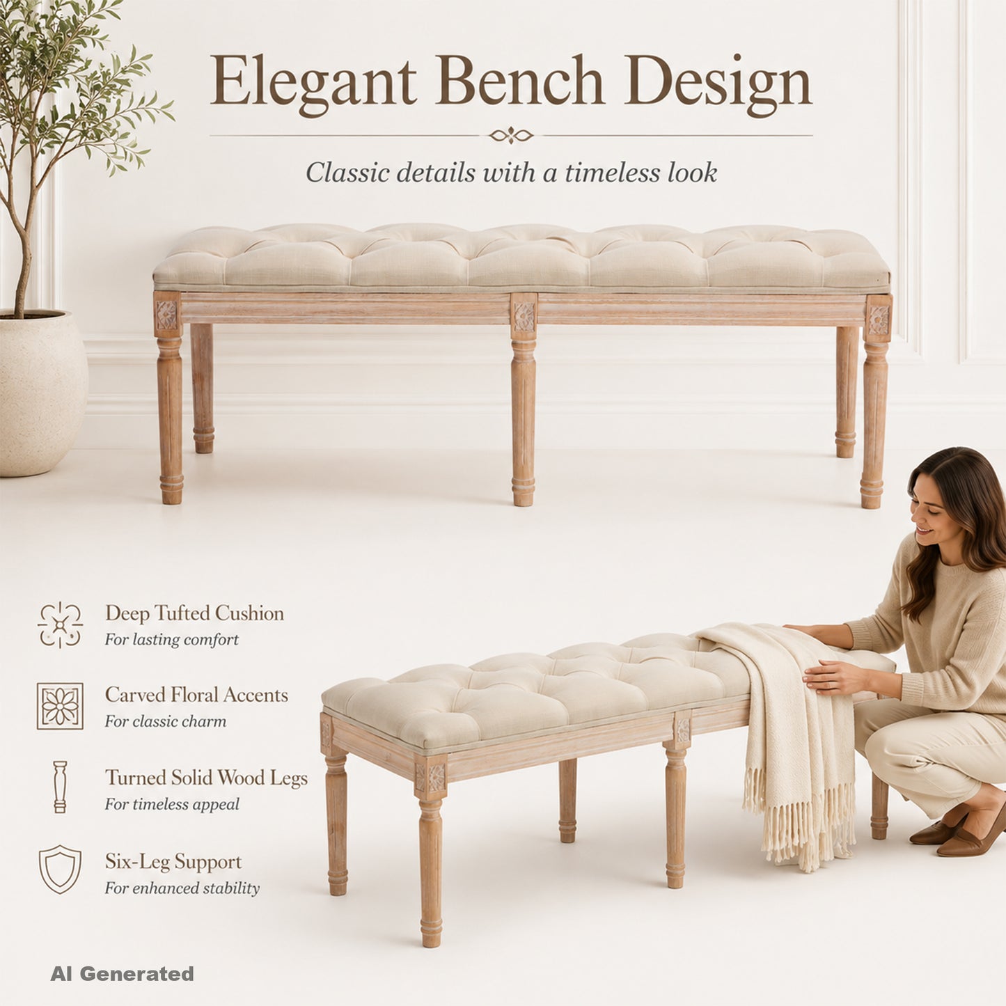 STHOUYN 47" Tufted Linen Dining Bench, Upholstered, Wood Carved Legs, Ivory