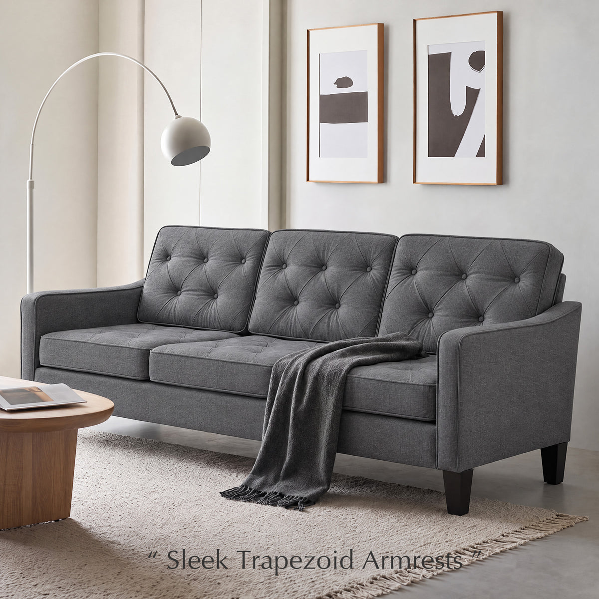 STHOUYN 83" Mid Century Modern 3 Seater Couch, Dark Grey Sofa, Tufted (Dark Grey) | Living Room Set, Small Couches and Chairs for Apartment, Office Waiting Area, Dark Gray Fabric, Tufted Design