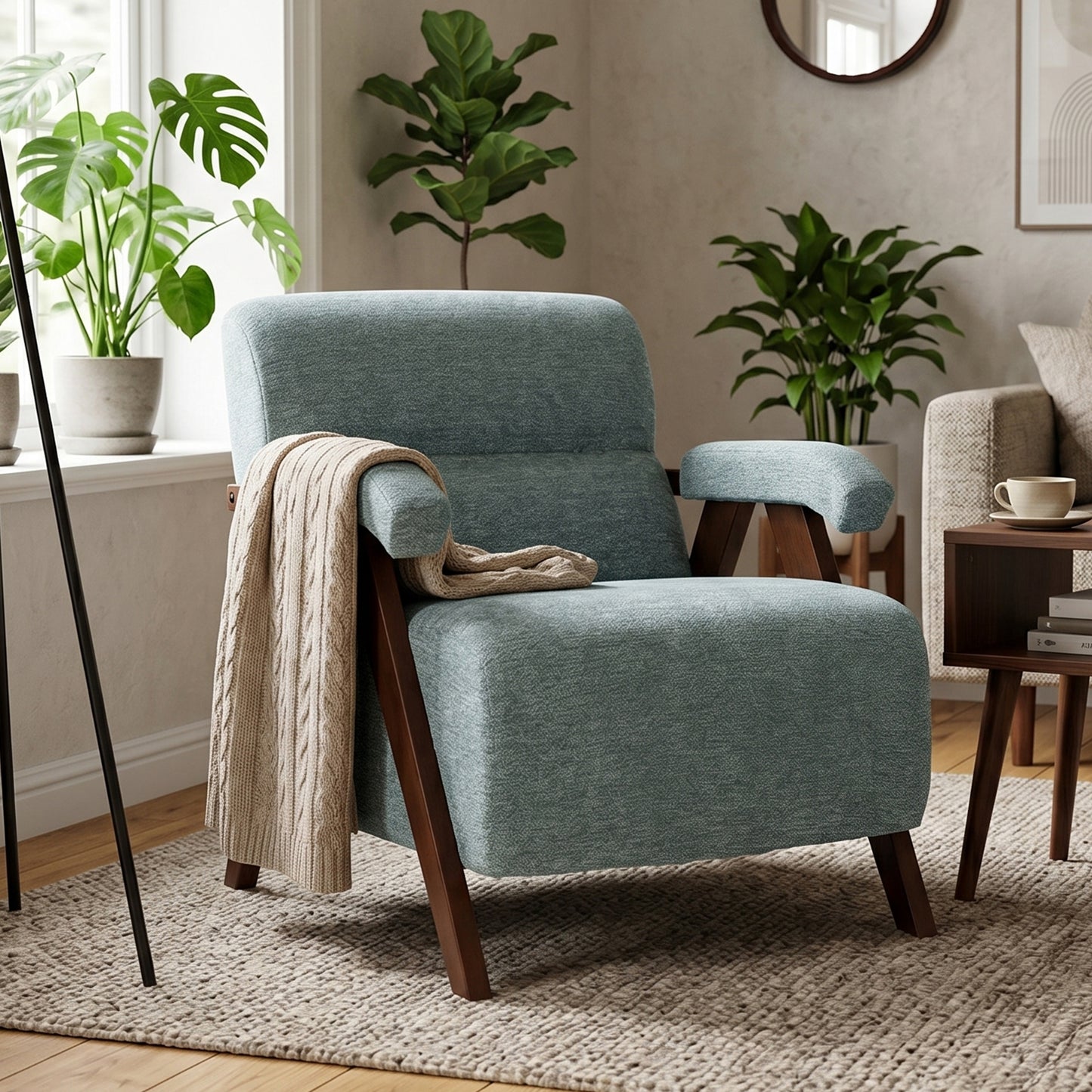 Mid Century Modern Accent Chair with Wood Armrests & Thick Cushion | Ergonomic Backrest, Upholstered Lounge Chair, Living Room & Bedroom, Office & Waiting Room, Comfy Reading Chair