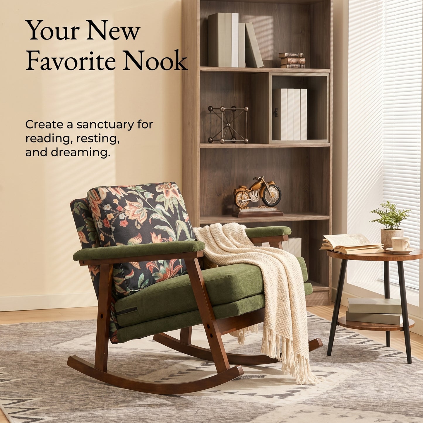 Modern Upholstered Rocking Chair with Solid Wood Frame | Comfy Cotton Linen Floral Accent Chair for Living Room Bedroom, Ergonomic Glider Rocker for Small Spaces, Green