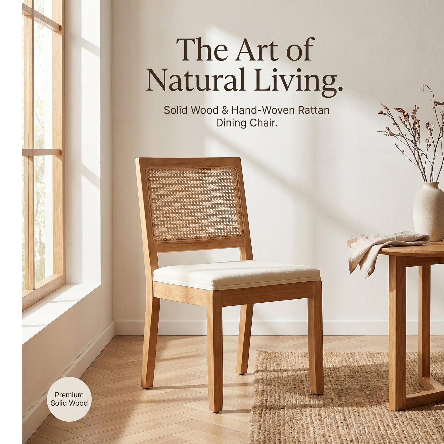 STHOUYN Rattan Dining Chairs with Solid Wood, Upholstered Seat Kitchen Chairs for Dining Room, Mid Century Modern Farmhouse Style, Comfortable Padded with Natural Finish